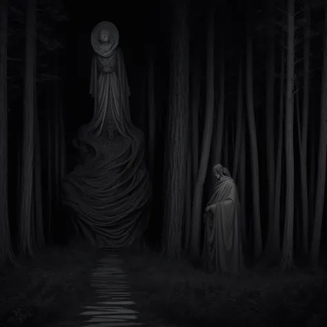 a black and white photo of forest with statue, horror manga, trees and forest on the back with creepy statue, black and white, manga, creepy, junji ito artwork, subtle junji ito, junji ito 4 k, portrait , art style of junji ito, junji ito style, malevolent...