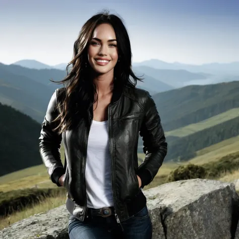 megan fox photo, ah、woman, smile, on top of the mountain, jacket, fine details, highest quality