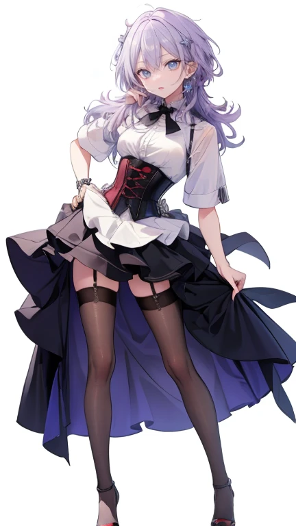 ((Perfect Face)),Purple Hair,Adult female,White shirt,((Shirt with rolled up sleeves)),(((Roll up your sleeves))),((corset)),short skirt,(High heels),((Simple White Background)),((full body)),((Full Body)),