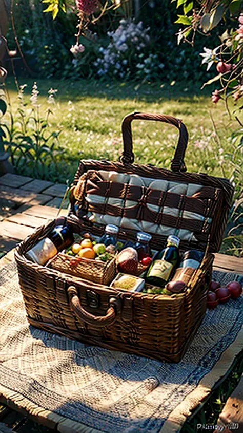 a picnic table with a bottle of wine, a basket of fruit, sunlit meadow, natural lighting, lush greenery, wooden table, woven bas...