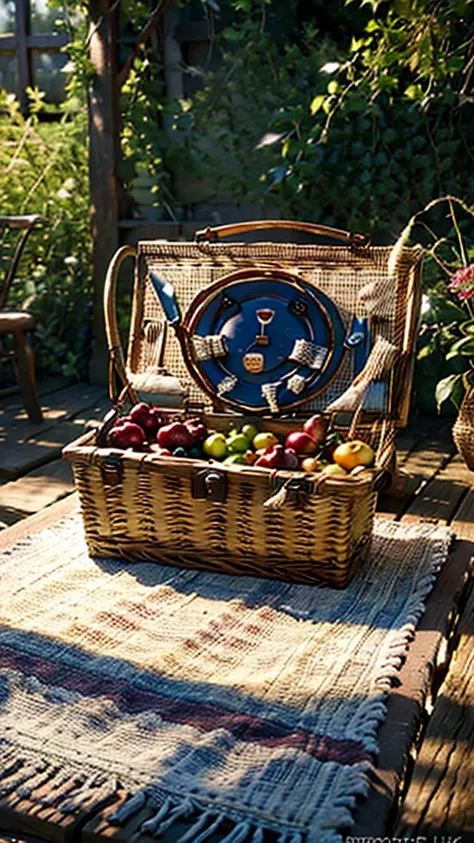 a picnic table with a bottle of wine, a basket of fruit, sunlit meadow, natural lighting, lush greenery, wooden table, woven bas...