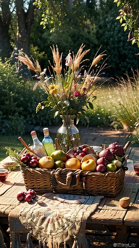 a picnic table with a bottle of wine, a basket of fruit, sunlit meadow, natural lighting, lush greenery, wooden table, woven bas...