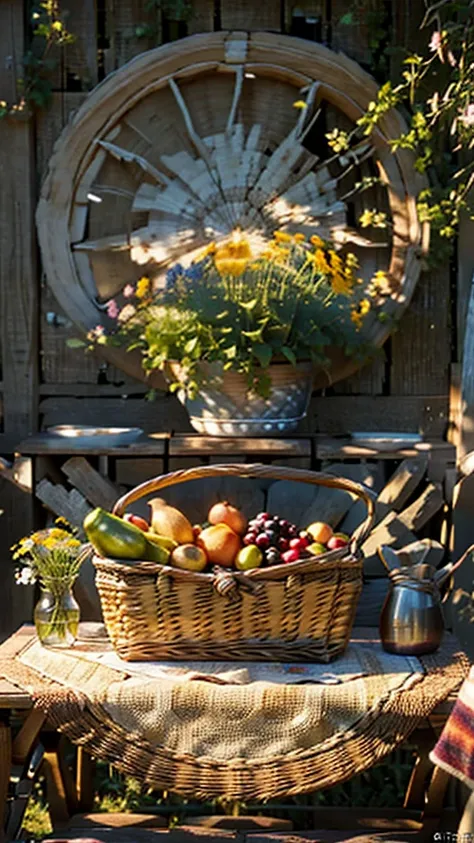 a picnic table with a bottle of wine, a basket of fruit, sunlit meadow, natural lighting, lush greenery, wooden table, woven bas...