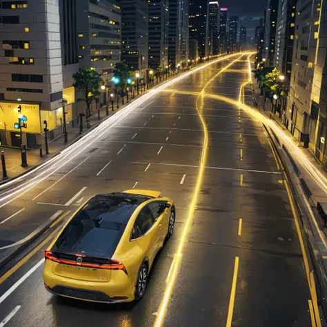 tprius, parked yellow car, city, digital world, circuit path as street, lights, flowing, stylish,