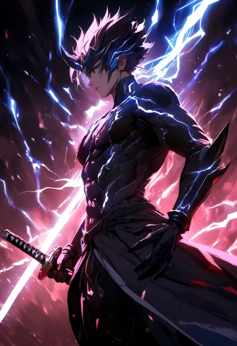 Jet-black katana with red lightning energy and a white blade with blue lightning energy