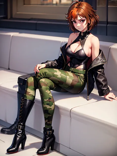 merula, full body, thighs, high boots high heels, solo girl, medium tits, camouflage pants, sitting