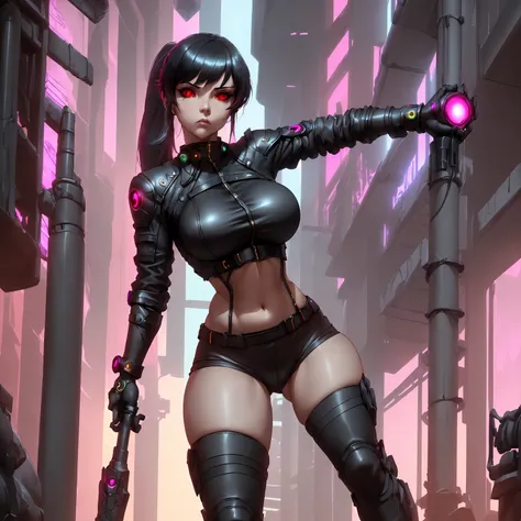 (masterpiece, best quality, aesthetic)1.2, 1girl, Cyberpunk, League of Legends ARCANE, Yelan, BREAK, symmetrical face, highly detailed face, black hair, long hair, ponytail, holographic interface, BREAK, red eyes, crimson eyes, beautiful eyes, detailed eye...