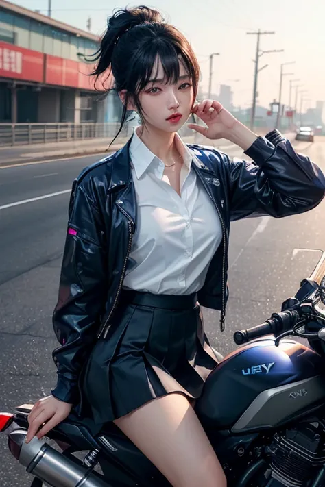 Digital Cyberpunk Art、Highest quality、Ultra-high quality CG Unity 8K、Black Hair Semi-Long、Mechanics、Shiny、Wear a cyberpunk white collared button-up shirt、Wear a cyberpunk navy blue short box pleated skirt、Japanese 、Riding on motorcycle、CBR400Rに乗る、Drive on ...