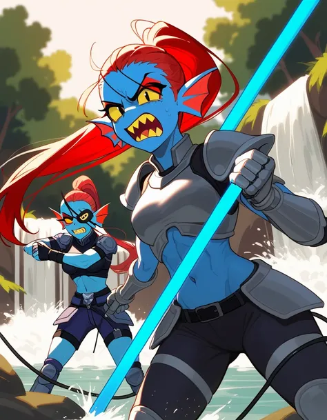 Fraction_9,Fraction_8_direction_7_up, undyne from undertale, Undyne the Undying，Wire，determination，angry，Angry expression,Sharp yellow teeth, Eye mask, black eyes, sclera, Wearing gray armor，Holding a blue spear,Standing in front of a waterfall