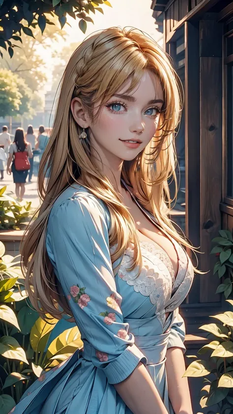 Delicate and beautiful CG art),(Highest quality, Very detailed, High resolution),(Dynamic Angle, Dynamic Lighting),(One character),(Long pink and blonde hair), blue eyes, Beautiful Face), 1 Girl, (Long sideburns, plant, smile, long blue dress, garden, crow...