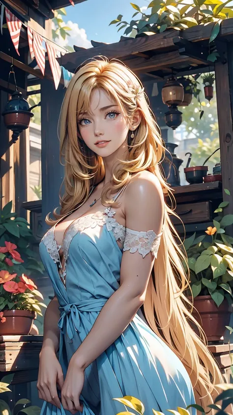 Delicate and beautiful CG art),(Highest quality, Very detailed, High resolution),(Dynamic Angle, Dynamic Lighting),(One character),(Long pink and blonde hair), blue eyes, Beautiful Face), 1 Girl, (Long sideburns, plant, smile, long blue dress, garden, crow...