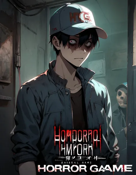 boy, horror game cover, baseball cap, jacket, casual