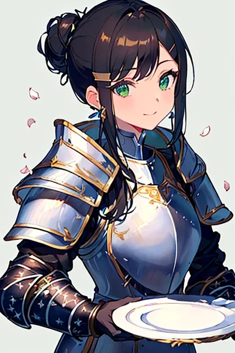 ((Masterpiece: 1.3)), ((Highest quality: 1.2)), ((Very detailed: 1.4)), One Girl, ((Black Hair: 1.1)), ((Updo: 1.1)), Hair Bun, ((White plate armor: 1.7)), Armor  in the shape of a flower petal motif, (((Woman warrior))), Green Eyes, Smile, ((Simple Backgr...