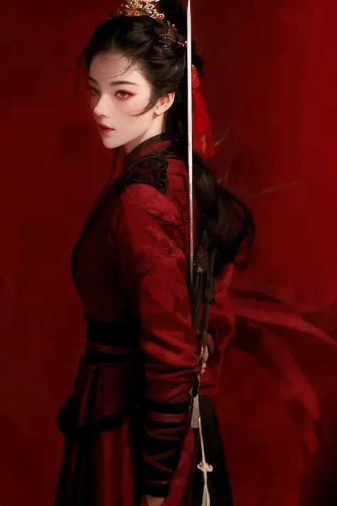 Chinese red ink painting,Female swordsman,heroic figure,Traditional Clothing,Delicate and sharp sword, doe eyes with smile , Dynamic poses, Dramatic Lighting, Vibrant colors, High contrast, Epic landscape background, Hazy atmosphere, Full of action, Dynami...