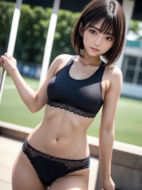 8K, Highest quality, The real picture, Intricate details, Very detailed, Ultra-high resolution, Depth Field, 非常に詳細なeye, A Japanese woman posing at an athletics stadium, (1 girl), (Blue sports bra), (Red high leg bloomers), (Short Bob Hair), eye_Chan, Very ...