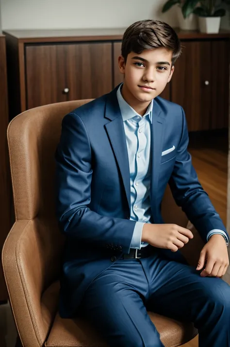 a young teenager boy, wearing a suit, sitting on the chair