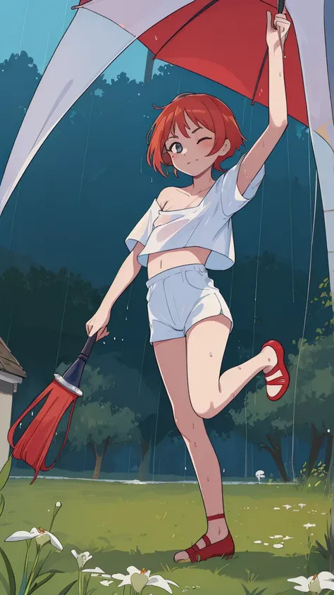 ((Edouard est une fille)) T-shirt blanc trampé transparent, petit short rouge, Edouard, Dans la pluie, pieds nus, pleuvoir fort, Tout le corps, pieds dans une flaque d&#39;eau,  Les mains en l&#39;air, Regardant le ciel, eyes closed, (((fond de champ))) so...