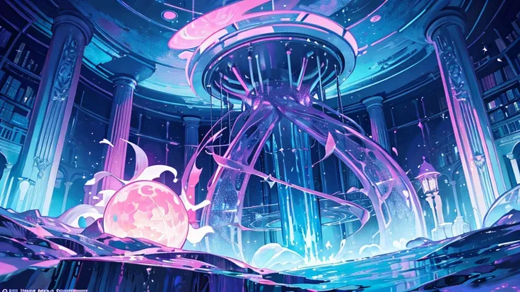 ooze out sticky pink water,fantasy,symmetry,starry night,the dream lands,round library,large crystal tree,a lot of iridescence s...