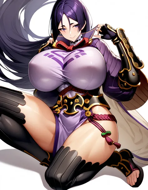 1girl,solo,perfect,high quality,faultless,
raikou, raikou, parted bangs, purple eyes, purple hair, long hair, hime cut, forehead, mature female,
arm guards, armor, black gloves, bodysuit, fingerless gloves, gloves, japanese armor, kote, loincloth, purple b...