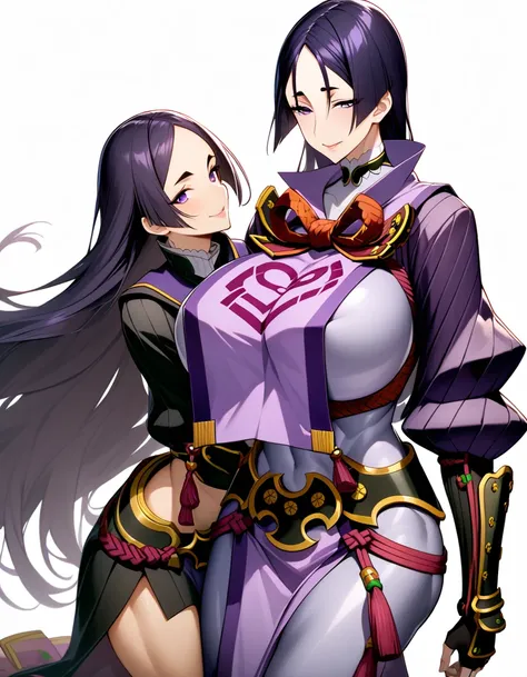 1girl,solo,perfect,high quality,faultless,
raikou, raikou, parted bangs, purple eyes, purple hair, long hair, hime cut, forehead, mature female,
arm guards, armor, black gloves, bodysuit, fingerless gloves, gloves, japanese armor, kote, loincloth, purple b...