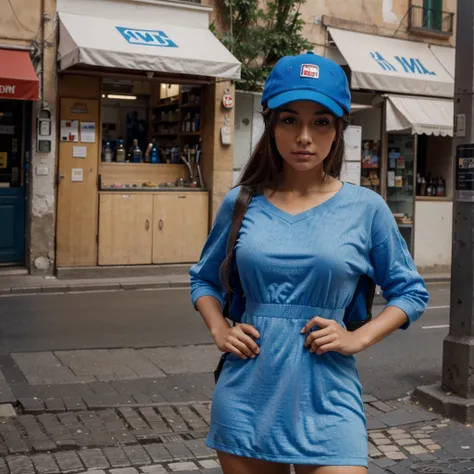 Dame mas imagenes de la mujer, en Roma, con gorra, con vestido azul de escote 