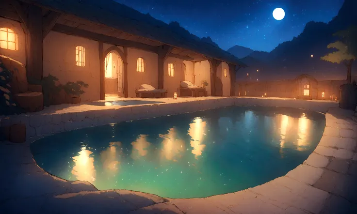 ((((masterpiece, Highest quality, High resolution)))), High detail, manga，anime，Illustration Style，Great use of color，Ghibli Studio Colors, Fantasy world of medieval Europe, Holiday home with pool, Starry Sky, Beautiful indoor small hot spring pool、Sparkli...