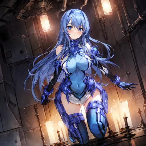 masterpiece, Highest quality, Anime Style,Official Art Beautiful Lighting, 1 girl, bangs, Inside a futuristic base, whole body, Blue and white outfit, 