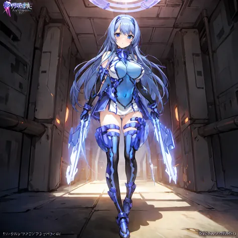 masterpiece, Highest quality, Anime Style,Official Art Beautiful Lighting, 1 girl, bangs, Inside a futuristic base, whole body, Blue and white outfit, 