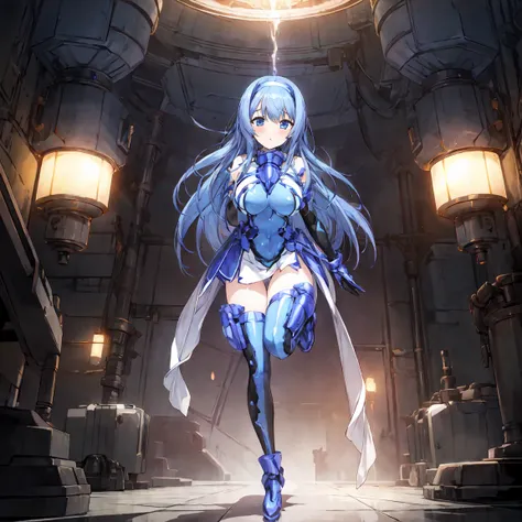 masterpiece, Highest quality, Anime Style,Official Art Beautiful Lighting, 1 girl, bangs, Inside a futuristic base, whole body, Blue and white outfit, 