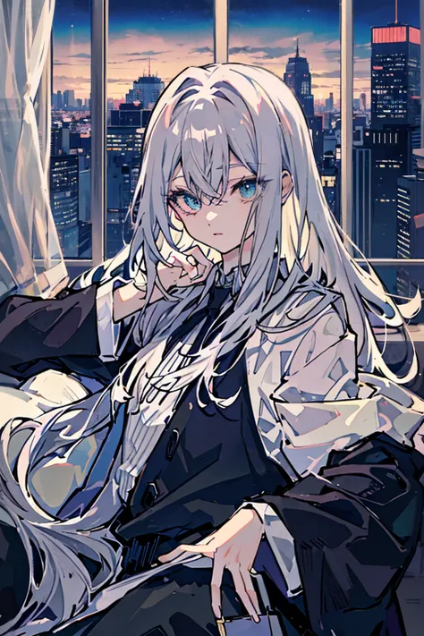 (masterpiece), highest quality, cyan eyes, light grey hair, expressive eyes, jorhaya, sitting in a high-rise apartment room, nig...