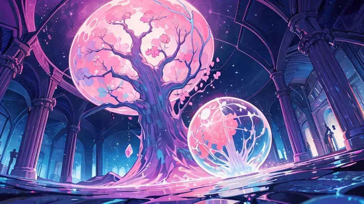 ooze out sticky pink water,fantasy,symmetry,starry night,the dream lands,round library,large crystal tree,a lot of iridescence s...