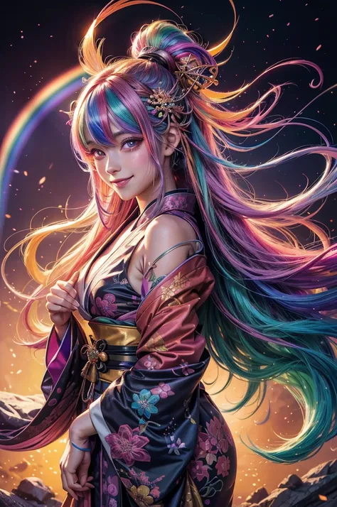 A girl with long rainbow hair, glowing rainbow eyes and an adorable smile wearing kimono, detailed anime style, fantasy illustration art, shiny glossy colorful lighting, glittery skin, glowing neon color palette, cute face