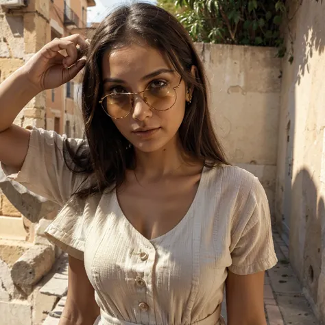 Dame mas imagenes de la mujer, en Roma, con gafas de sol, con vestido de escote