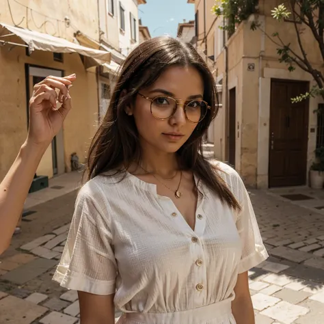 Dame mas imagenes de la mujer, en Roma, con gafas de sol, con vestido de escote