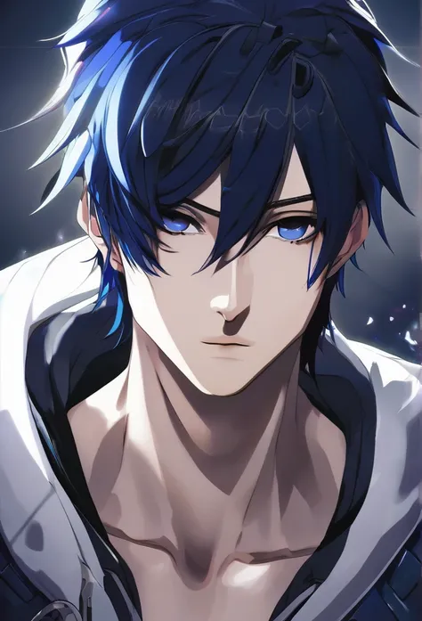 Anime ai male with dark blue and black hair, black eyes, white skin 