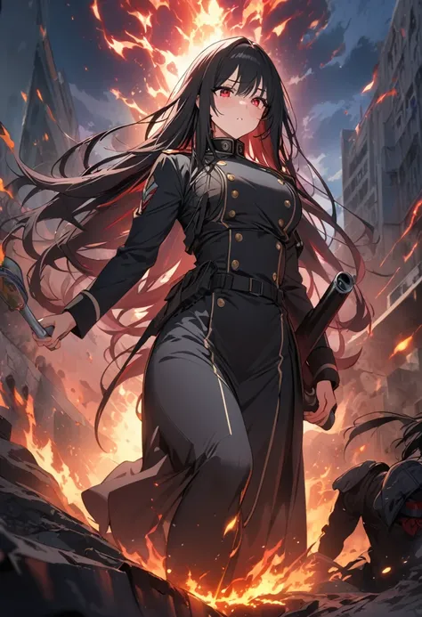 masterpiece, Highest quality, Very detailed, anime,holding, Black Hair, Long Hair, Red eyes, Girl, Baby Face, Decorated military uniform, The Strongest Soldier, Aura of Awakening, can not lose