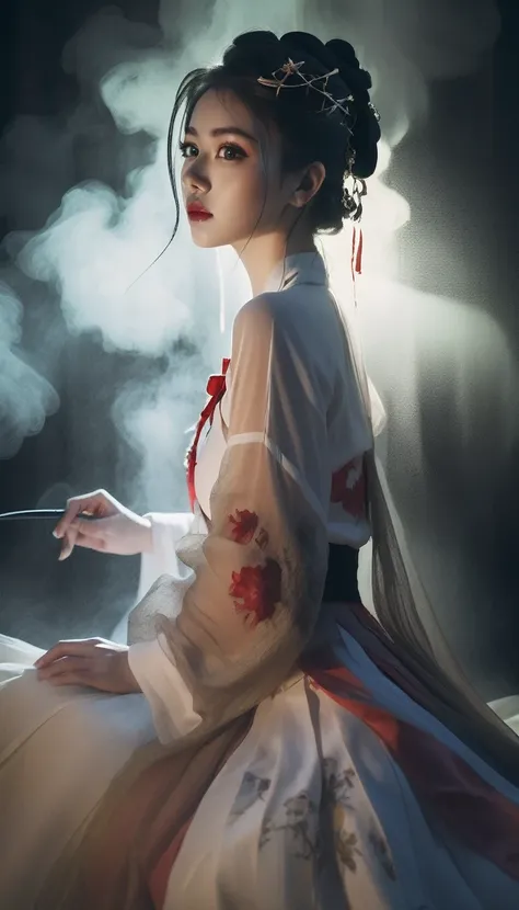 Double exposure style, Volumetric lighting, Outlast Style,Girl in tulle skirt,Leaning forward,Traditional Costume,Artistic calligraphy and ink,The Faceless Butcher, Depth of light, Lighting with a dramatic atmosphere, Volumetric lighting, Double Image Ghos...