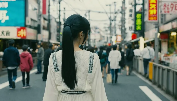 a girl, 20yo, black hair, twintails, white dress, long sleeves, walking Tokyo city, from back, wide shot