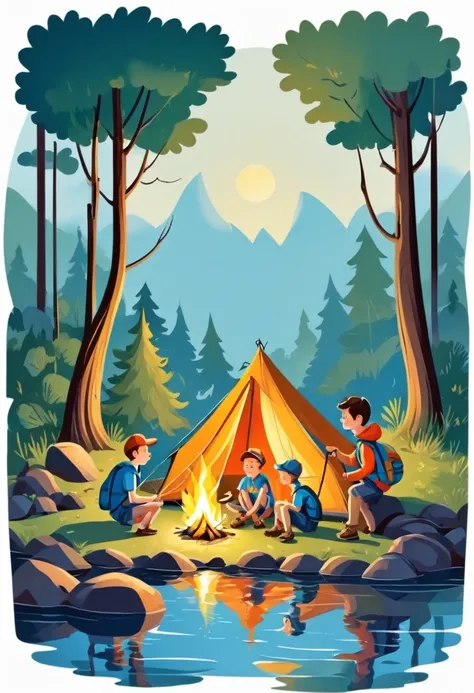 illustration for the book, a boy went camping with his friends in the forest, they put up tents, lit a fire, and fishing on the river bank.