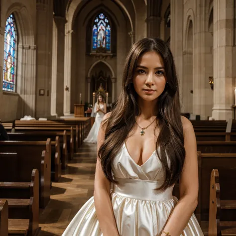 1girl in, 30 years old, Square face, Long hair, Looking at viewer, jewelry, Reality, Sexy, bridal page, church background, free pose