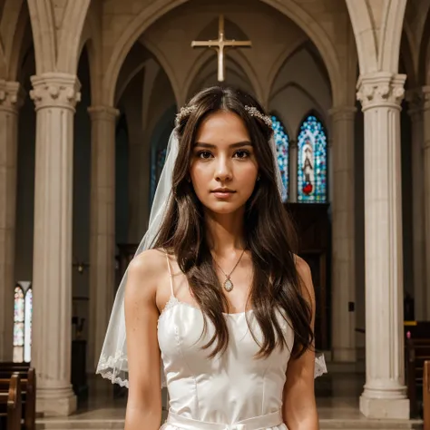 1girl in, 30 years old, Square face, Long hair, Looking at viewer, jewelry, Reality, Sexy, bridal page, church background, free pose