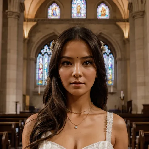 1girl in, 30 years old, Square face, Long hair, Looking at viewer, jewelry, Reality, Sexy, bridal page, church background, free pose