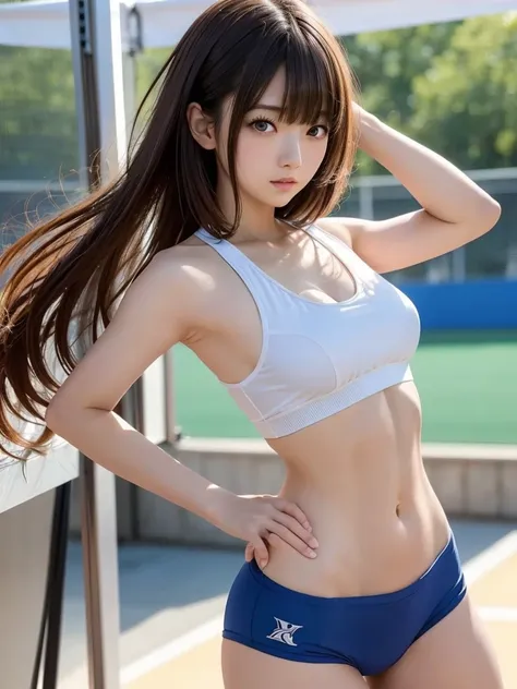 8K, Highest quality, The real picture, Intricate details, Very detailed, Ultra-high resolution, Depth Field, 非常に詳細なeye, A Japanese woman posing at an athletics stadium, (1 girl), (Blue sports bra), (Red high leg bloomers), (Short Bob Hair), eye_Chan, Very ...