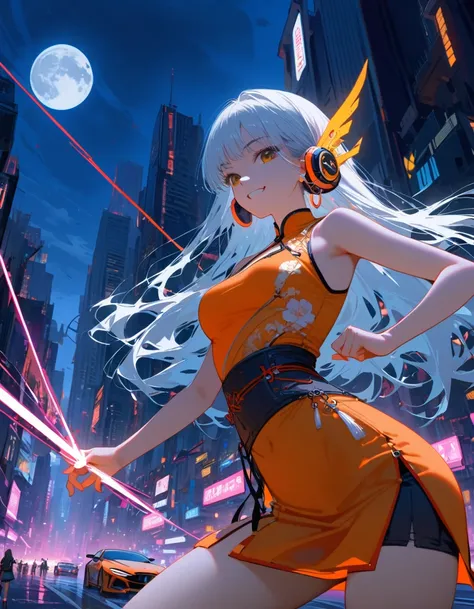 1 girl, Chinese_clothing, liquid silver and Tangerine, Cyberhan, cheongsam, Cyberpunk city, Dynamic poses, Detailed glowing headphones, Glowing Hair Accessories, Long hair, Luminous earringss, Glowing necklace, Cyberpunk, 高And technology城, full of mechanic...