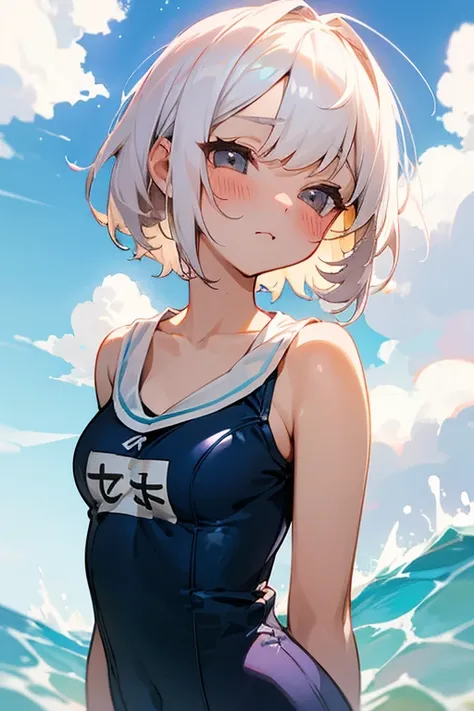 Short white hair, blush, Headbang 2.、cute、Beautiful woman、School Swimsuit、