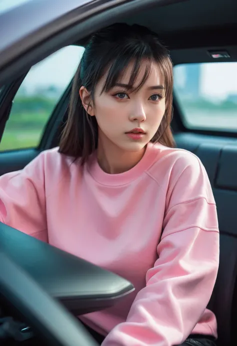 High angle shot of a beautiful young woman in cyberpunk style, Realistic skin texture, Look up;Inquire,Pink sweatshirt,Pose in the car, 1 / 2 Body cutting, 8 5mm art lens, 1. 2, Clear focus, 8K HD, Extremely detailed, complex, elegant, Liu Zhiwei and the A...