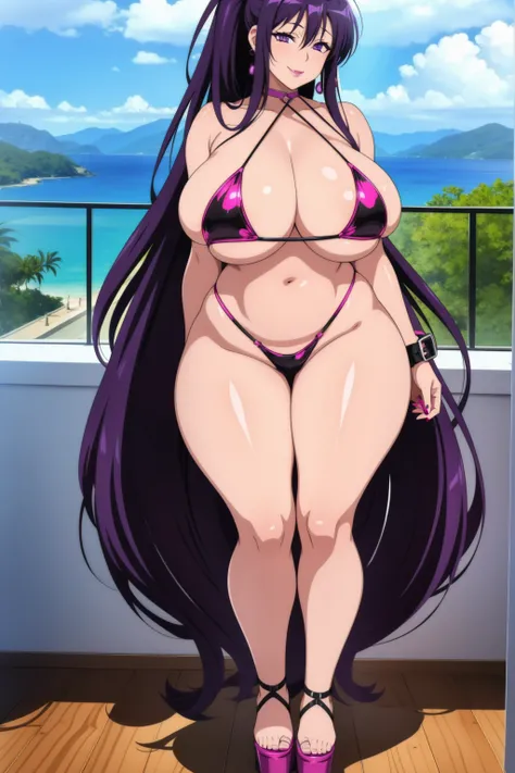 High resolution, Akeno Himejima, 1girl, (((bimbo))), long purple hair, purple eyes, ear rings, (((bimbo))), puffy lips, painted lips, thick lips, erotic smile face, wide hips, thick thighs, huge round ass, sexy legs, enormous natural breasts, shiny oily sk...