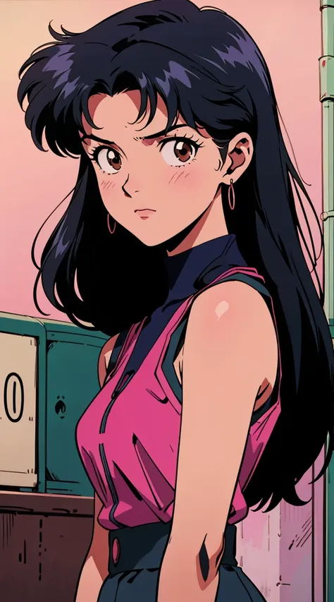 highest image quality, 90s style anime, 24 year old girl, misato katsuragi style, black hair, shoulder-length hair, brown eyes, ...