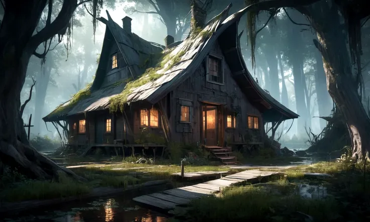 a witchs cabin in a swamp, horror story, fron view