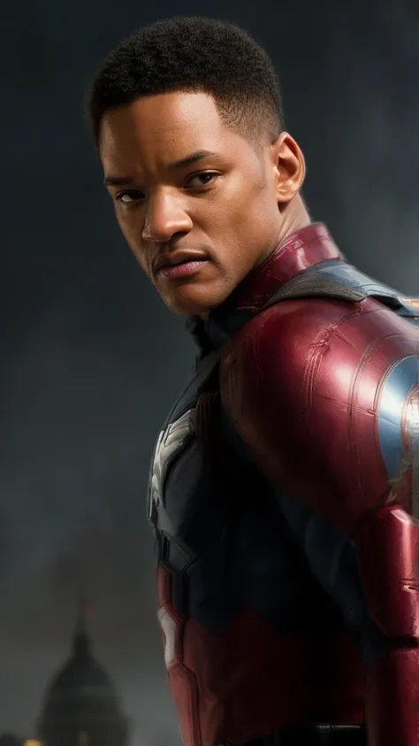 . .Tarantino style Will Smith as Captain America 8k, high definition, detailed face, detailed face, detailed eyes, detailed suit, in style of marvel and dc, hyper-realistic, + cinematic shot + dynamic composition, incredibly detailed, sharpen, details + su...